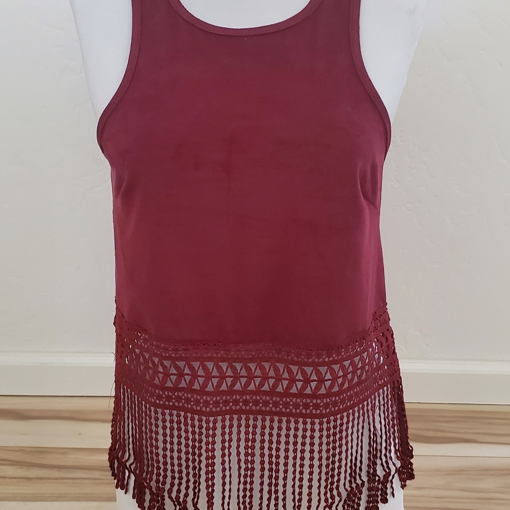 Charlotte Russe Faux Suede Fringe Tank Burgundy Womans XS